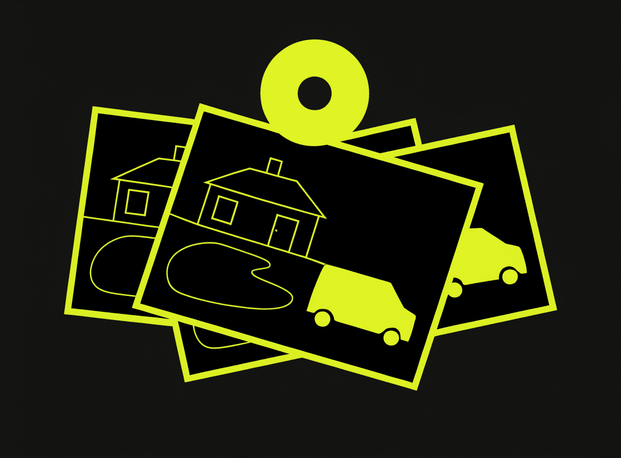 A stack of customer photos showing a house, a pool, and a service van