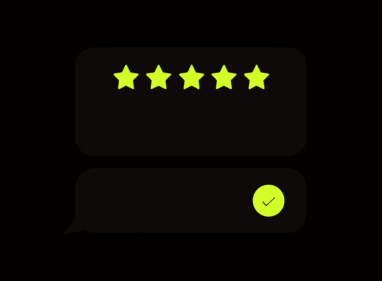 A five-star review card with a drafted reply underneath and an approve button