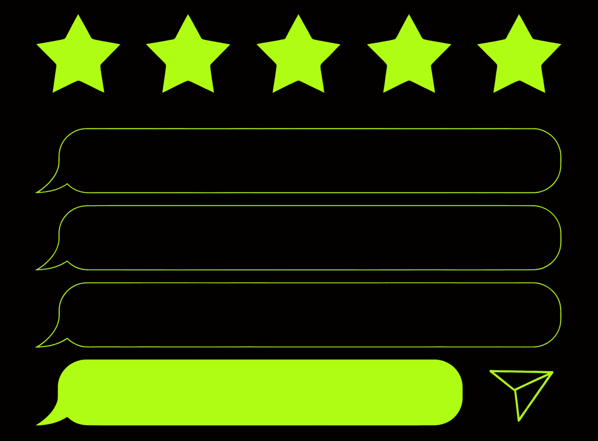 A review request message thread with a five-star rating and a send button