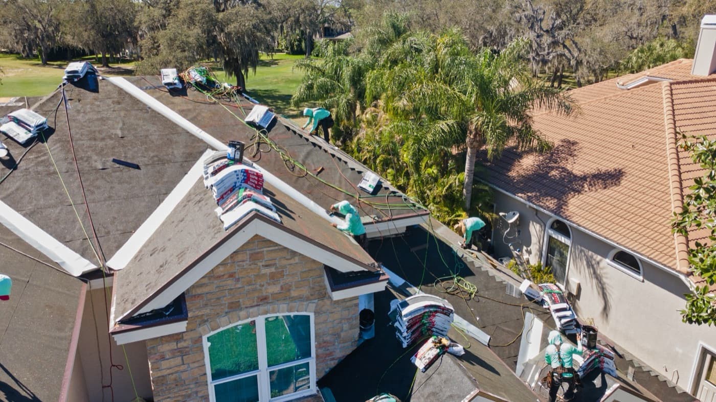 Aerial drone view of a completed roof replacement on a Tampa Bay home