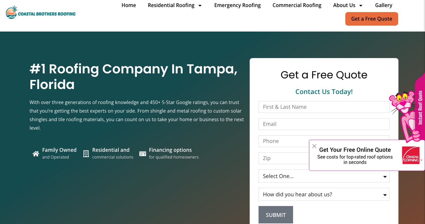 Coastal Brothers Roofing website, desktop view